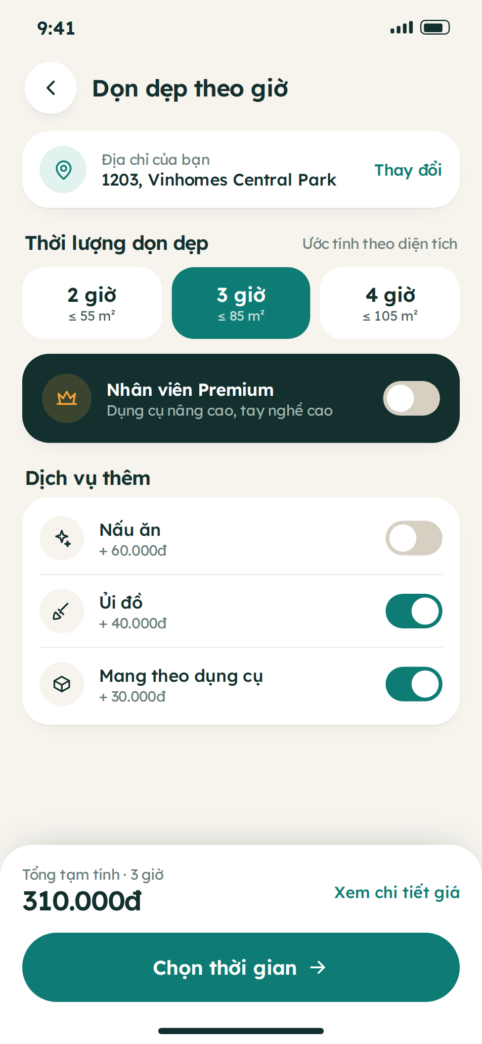 Giao diện đặt dịch vụ giúp việc trên app khách hàng