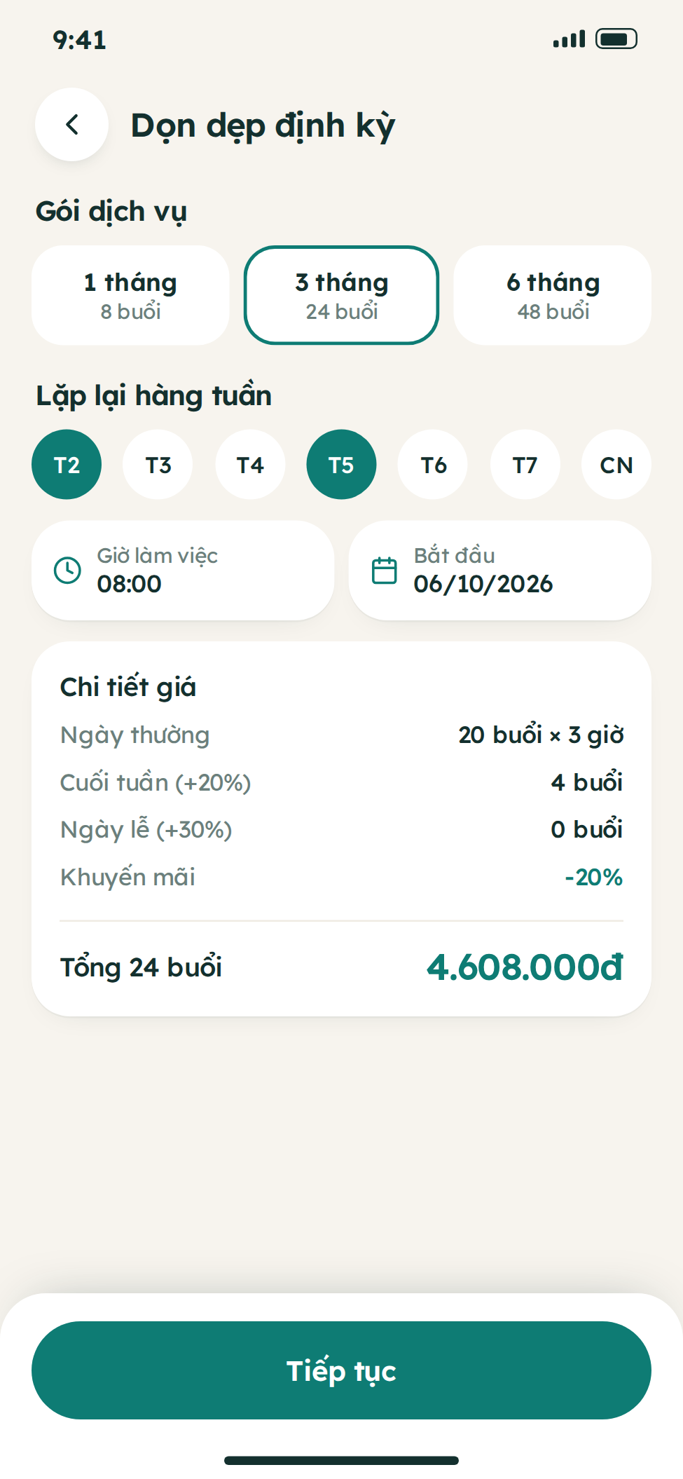 Giao diện quản lý dịch vụ giúp việc