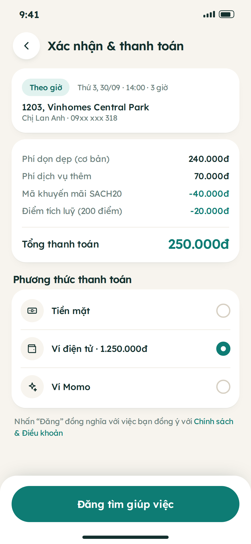 Giao diện quản lý đơn hàng app giúp việc