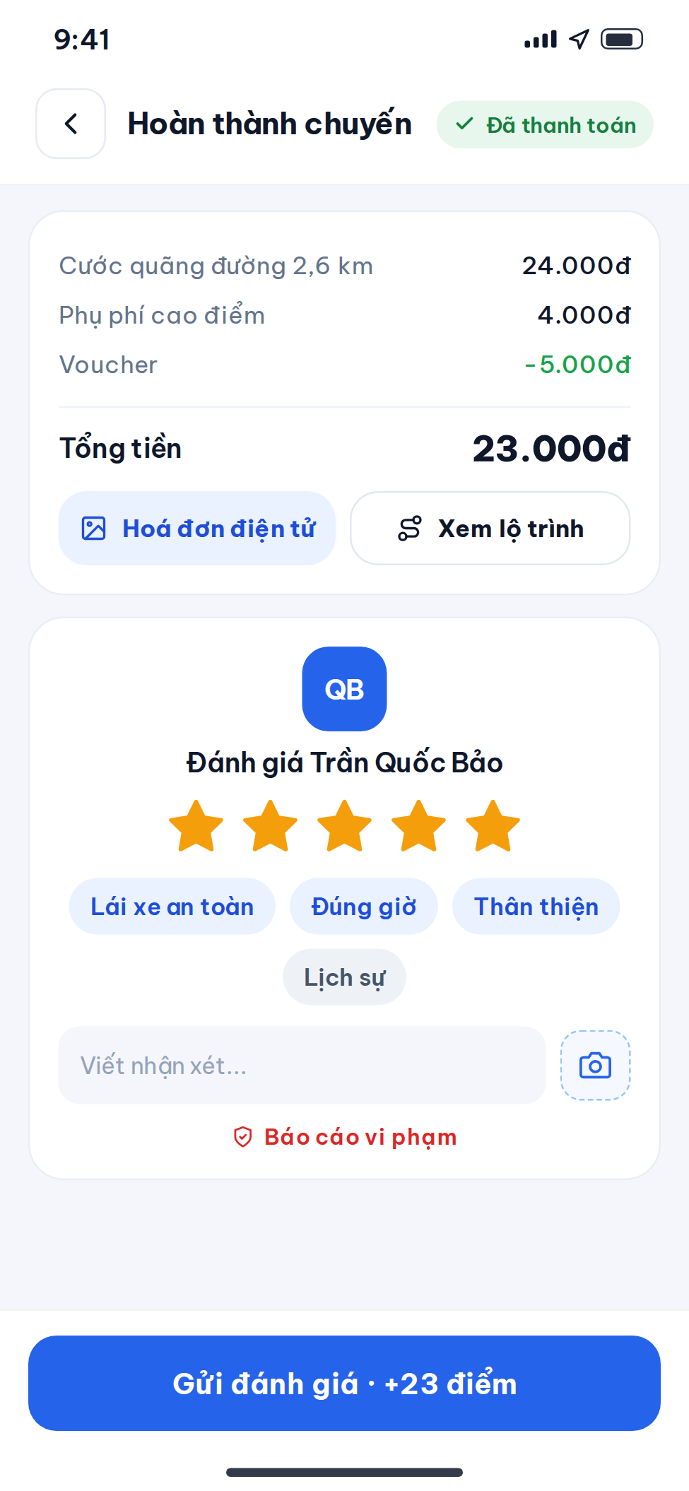 Thiết kế app taxi - hoàn thành chuyến và thanh toán