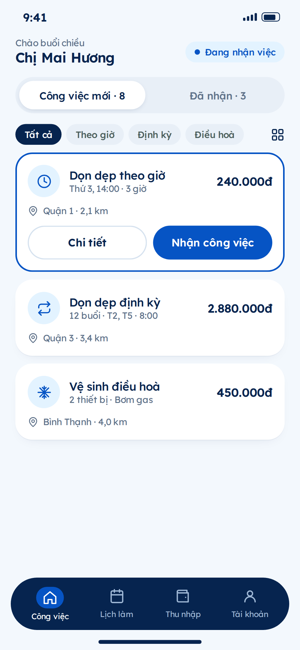 Thiết kế app giúp việc nhà - danh sách dịch vụ và công việc
