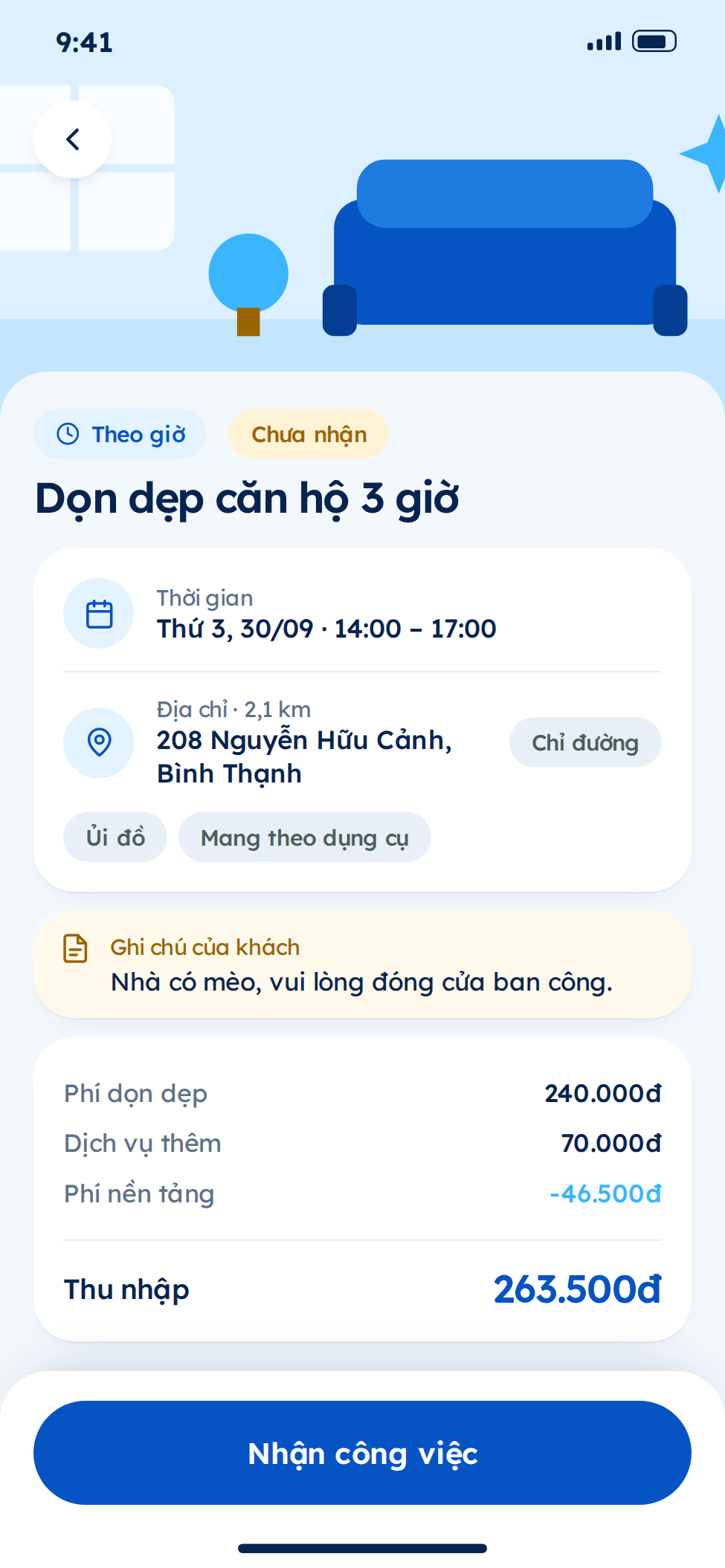 App khách hàng đặt dịch vụ giúp việc nhà