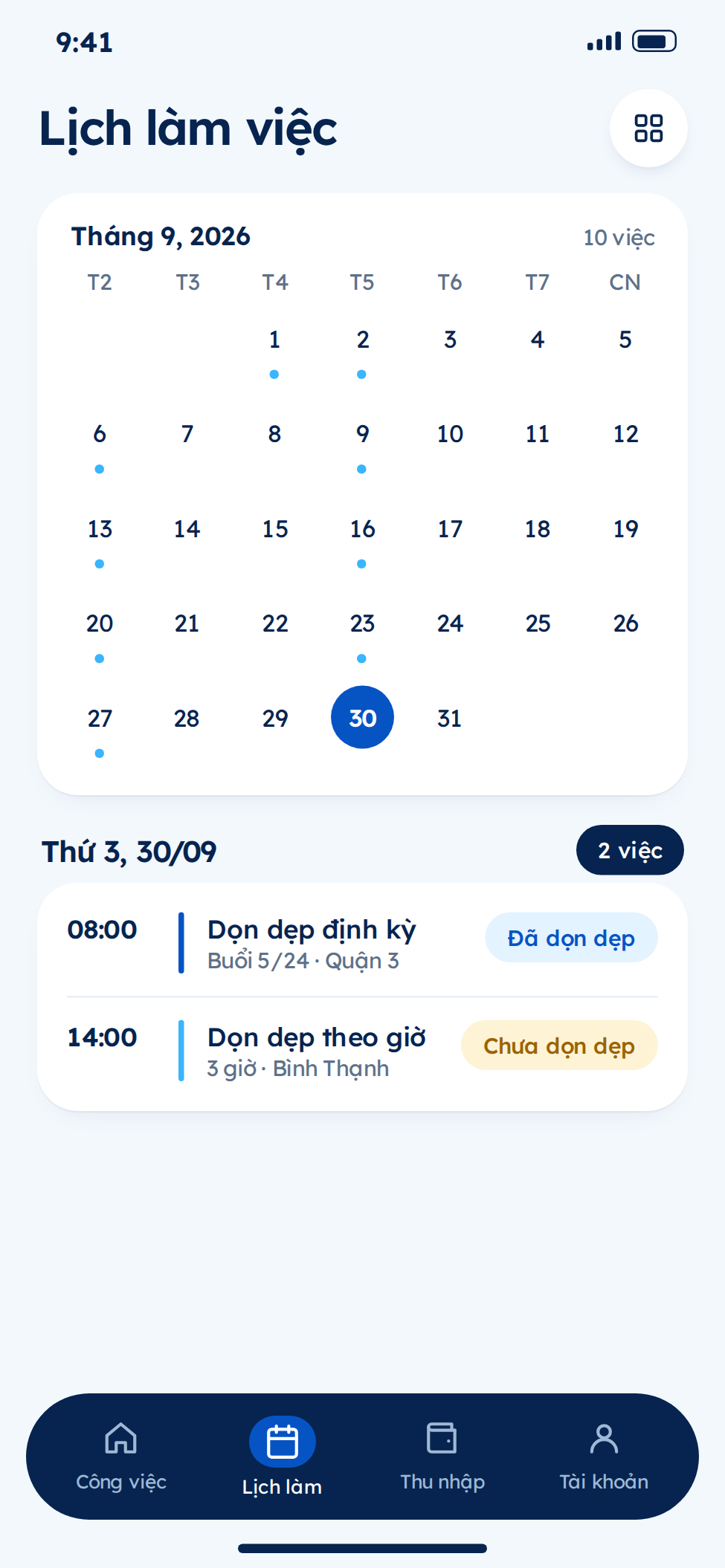 App nhân viên giúp việc nhà quản lý lịch làm việc