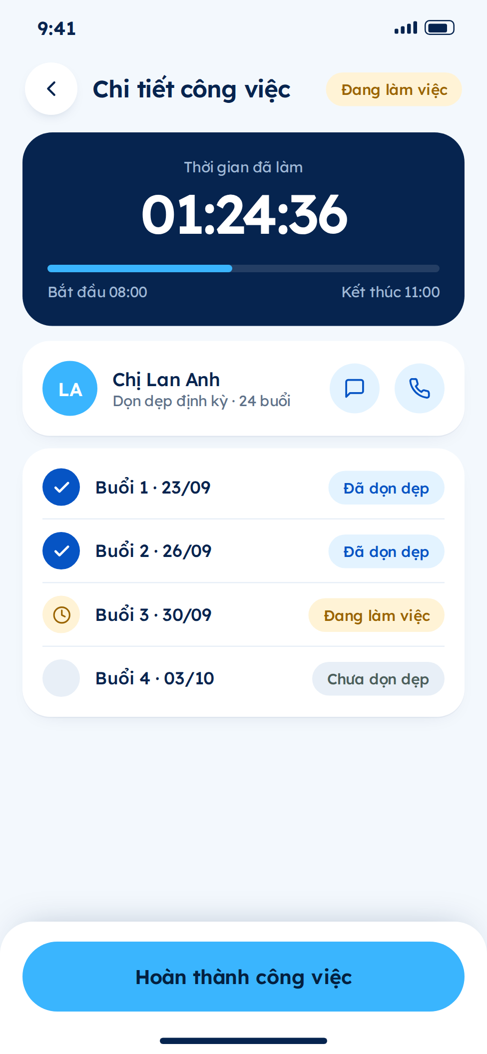 Khách hàng chọn lịch dịch vụ vệ sinh trên app