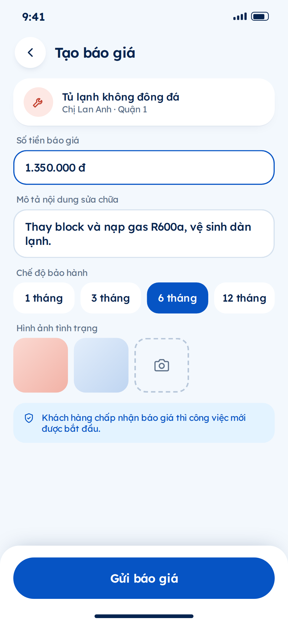 Báo giá và thông tin công việc trên app nhân viên