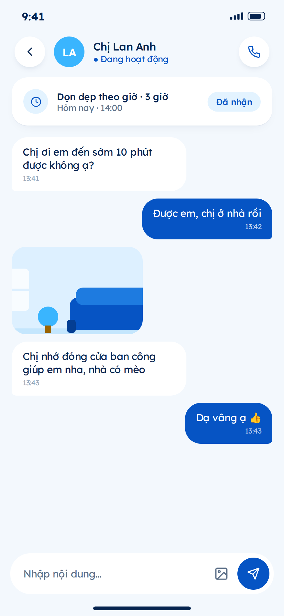 Tính năng chat trong app giúp việc nhà